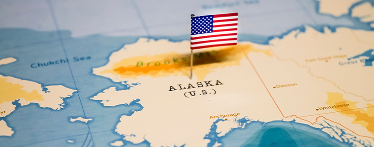 the Flag of United States on the alaska in the world map